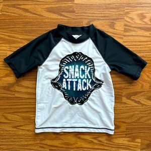 Carter’s Kid Boy Size 5 Rash Guard Swim Short Sleeve Top Shark Snack Attack EUC!